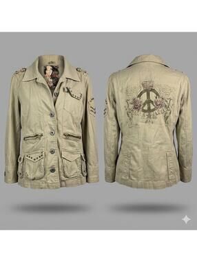 ✨🤎 Y2K VTG  Guess Jeans Studded Utility Jacket Peace Graphic Size M 8866-8 🤎